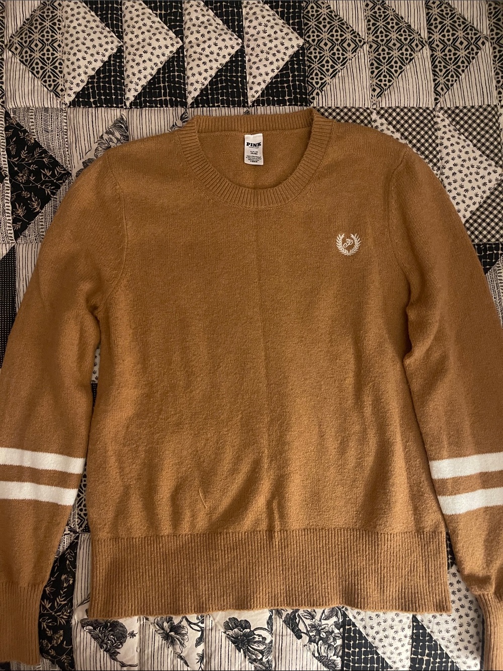 PINK Victoria's Secret Tan Crewneck Sweater with White Sleeve Stripes